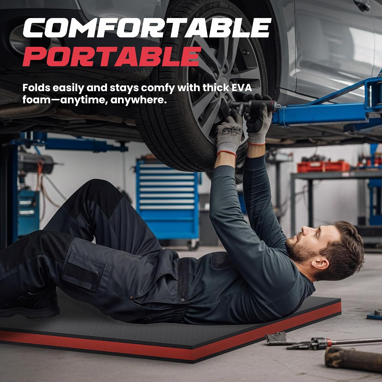 Foldable EVA Utility Mat with Handle & Strap, 47" × 15.8" High Density EVA Foam Kneeling Pad for Garage Work, Workshop Repair, Yard Tasks, Gardening