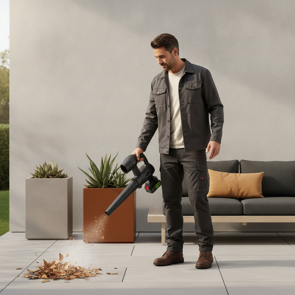 Man, mid-30s, using a dark, cordless leaf blower to clear leaves from a modern patio. The scene is clean and well-lit.