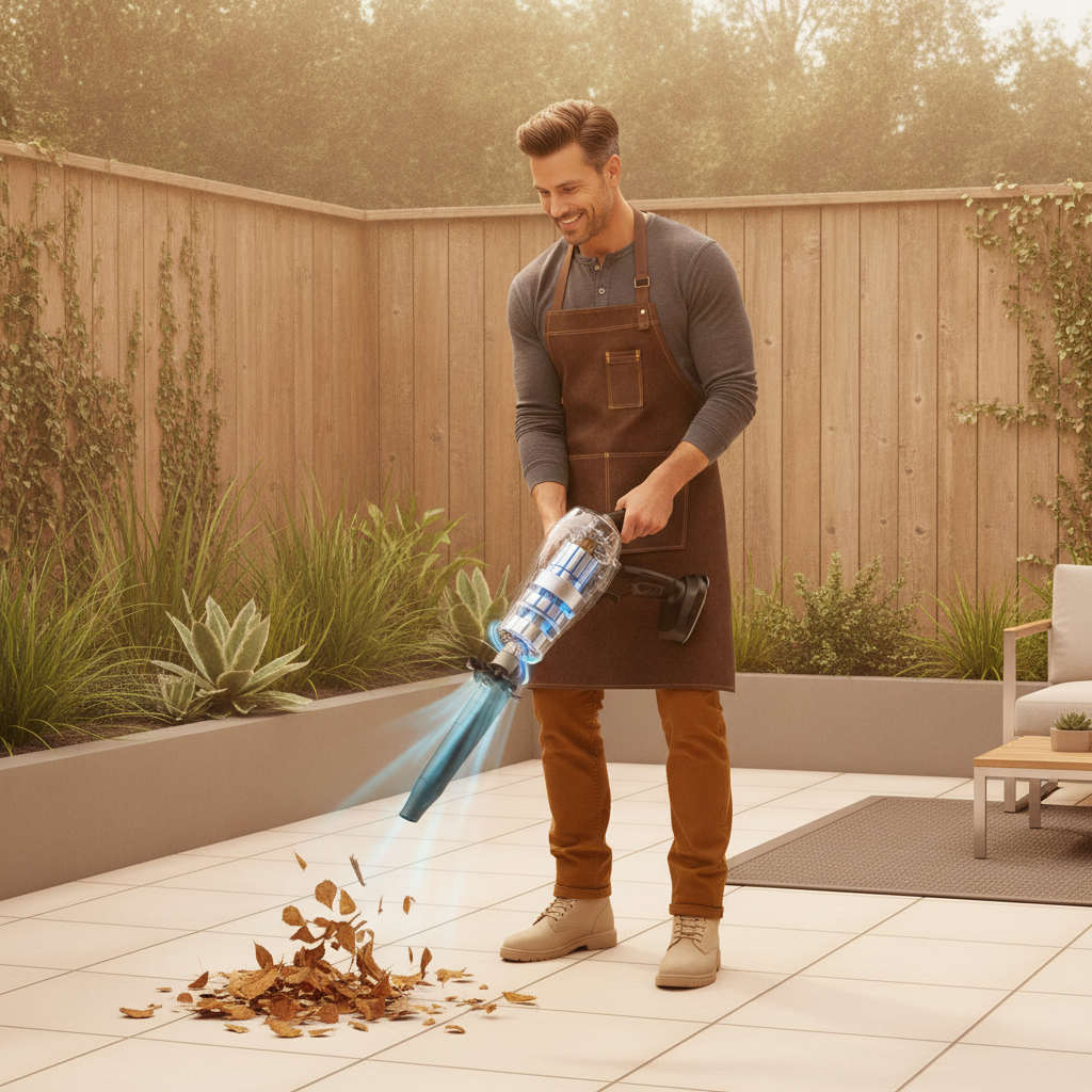 Man using a dark 980,000 RPM Cordless Leaf Blower to clear leaves from a modern patio.