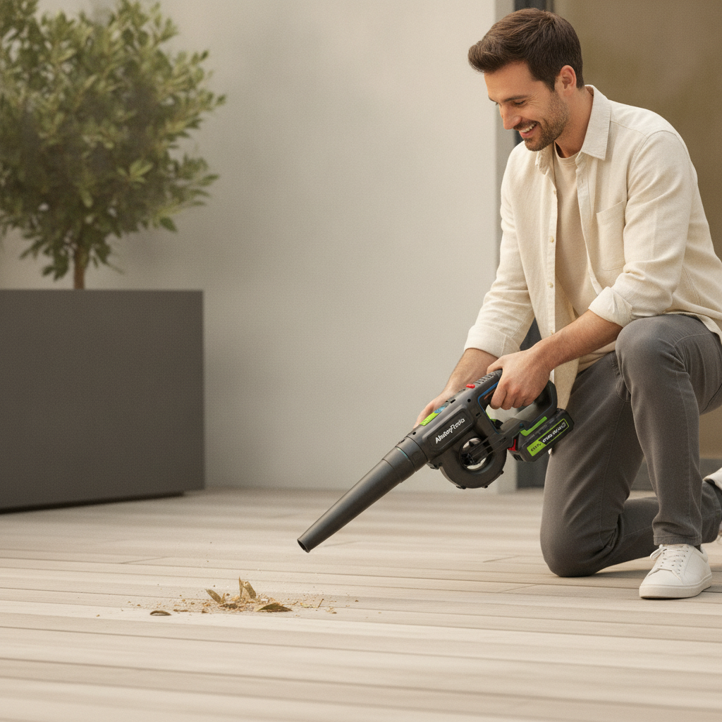 Person using a dark cordless leaf blower to clear leaves from a patio, with a subtle warm cream tint.