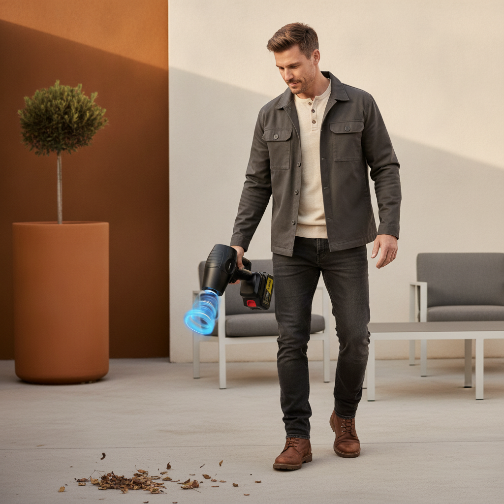A man uses a dark cordless leaf blower to clear leaves from a modern patio. The man wears practical workwear, and the setting