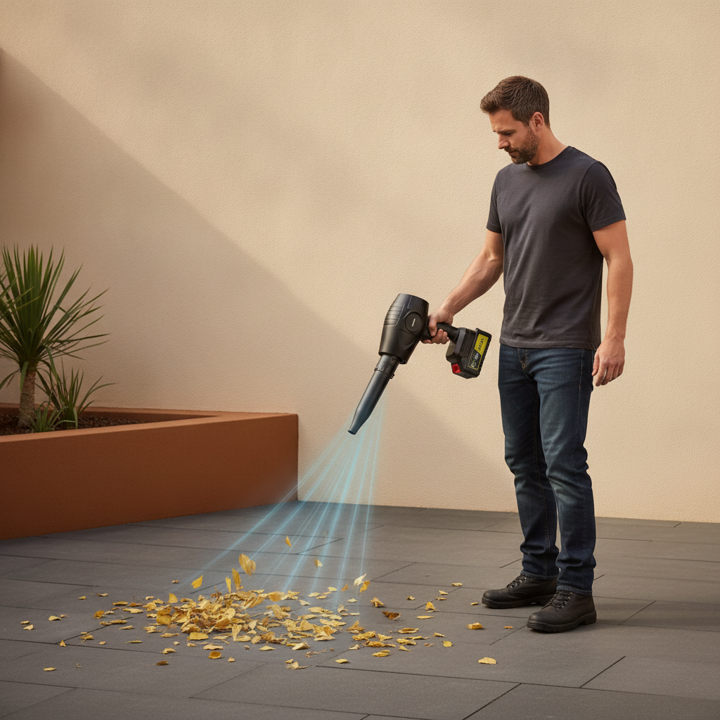 A man in dark work clothes uses a dark cordless leaf blower to clear leaves from a modern patio with dark paving stones.