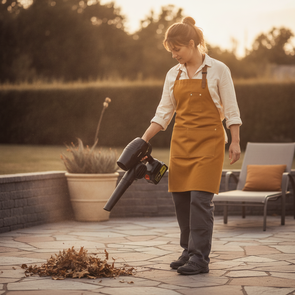 Person using a dark cordless leaf blower to clean a patio, demonstrating its lightweight design. The setting is a clean outdo